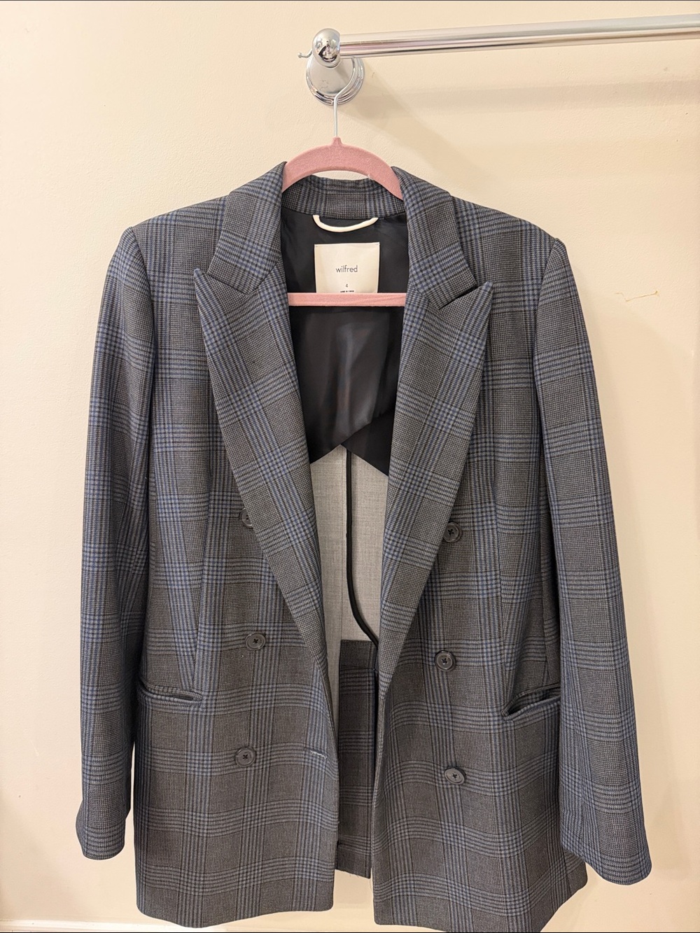 Wilfred Blue-Accented Gray Plaid Double-Breasted Blazer